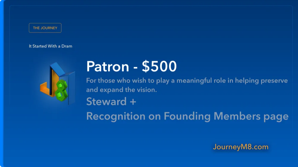 Patron — $500. For those who wish to play a meaningful role in helping preserve and expand the vision. Everything above, Recognition on Founding Members page, Future special edition consideration.