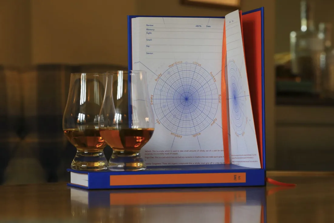 A JourneyM8 log book open to a tasting spread and spider-graph, with two glasses of whisky on a table