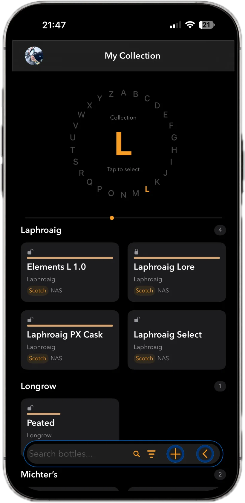 JourneyM8 My Collection screen with alphabetical selector and Laphroaig bottle cards
