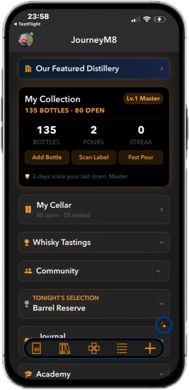 JourneyM8 app home dashboard showing My Collection, cellar, tastings, and Daily Pour
