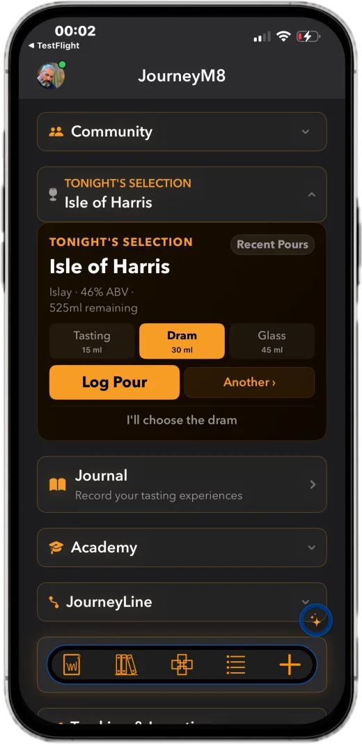 JourneyM8 Daily Pour screen showing tonight's selection — Isle of Harris — with pour sizes and a Log Pour button