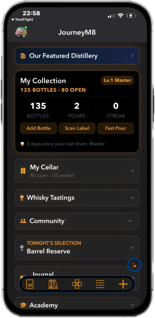 JourneyM8 home screen with the My Collection, My Cellar, Whisky Tastings, and Tonight's Selection tiles
