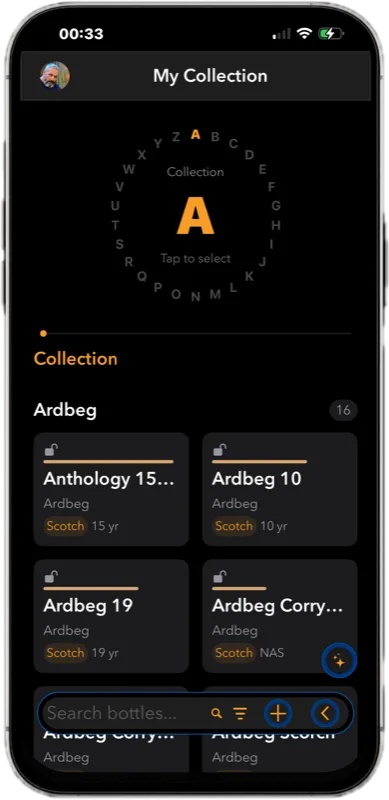 JourneyM8 app demo: the Home screen, then browsing My Collection — bottles with status, region, and age