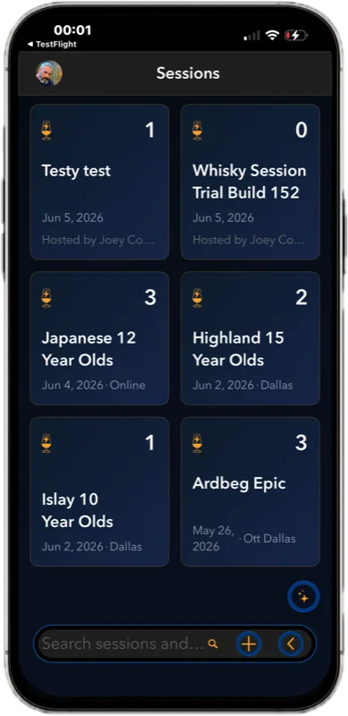 JourneyM8 Sessions screen listing shared whisky tasting sessions with hosts and locations